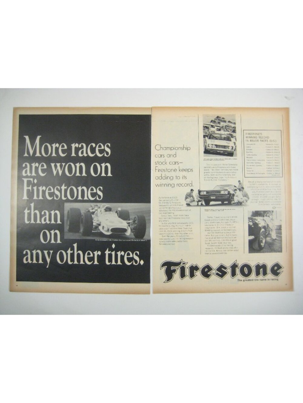 Vintage 1960s Firestone Ad Print Racing Cars Tires Promo Print Indianapolis